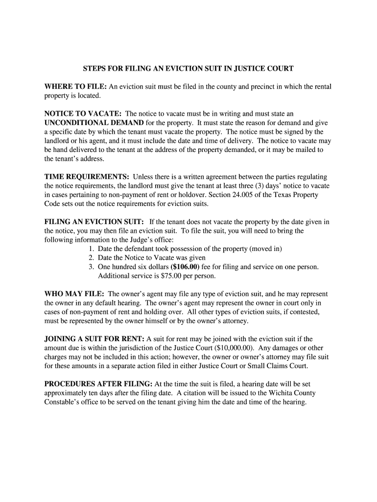 Fillable Online STEPS FOR FILING AN EVICTION SUIT IN JUSTICE COURT Fax
