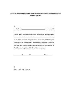 DECLARACIÓN RESPONSABLE DE NO ESTAR INCURSO EN PROHIBICIÓN DE CONTRATAR