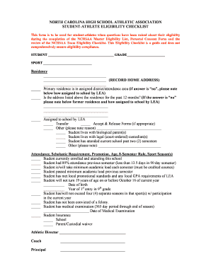 North Carolina High School Athletic Eligibility Checklist