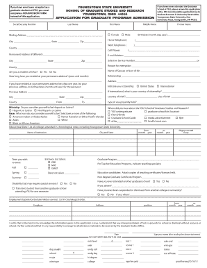 Youngstown State University Graduate Program Admission Application