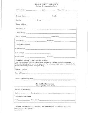 Boone County Student Transportation Form