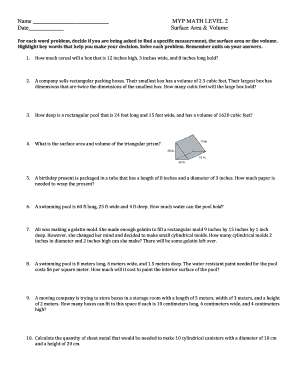 MYP Math Level 2 Surface Area and Volume Worksheet