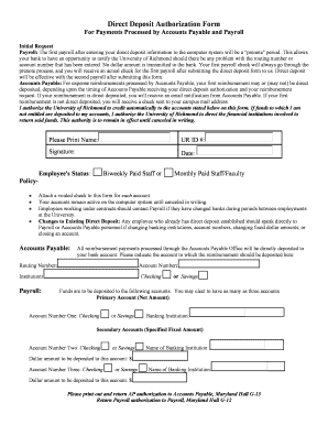 University of Richmond Direct Deposit Authorization Form