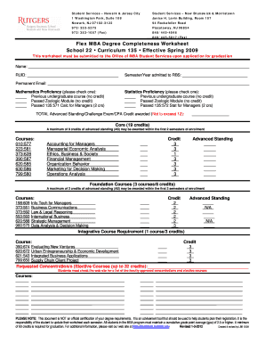 Rutgers MBA Degree Completion Worksheet