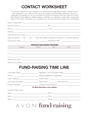 Avon Fund-Raiser Contact Worksheet