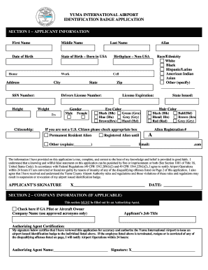 Yuma International Airport Identification Badge Application