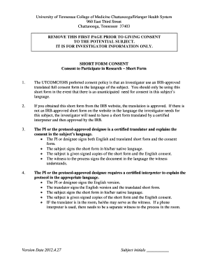 Consent to Participate in Research – Short Form