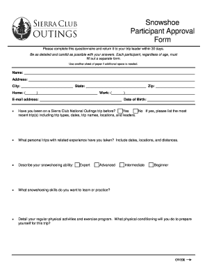 Sierra Club Snowshoe Participant Approval Form