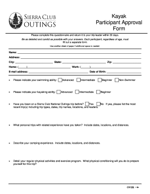 Kayak Participant Approval Form