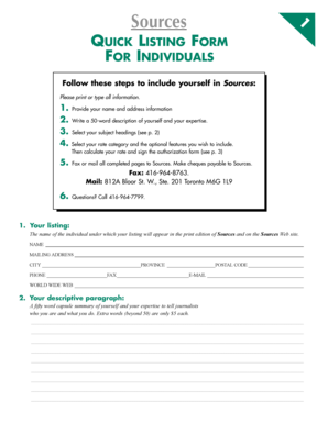 Sources Quick Listing Form for Individuals