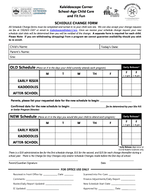 Kaleidoscope Child Care Schedule Change Form
