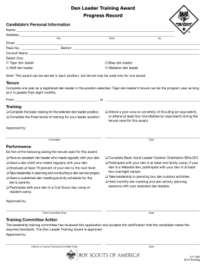 Den Leader Training Award Progress Record