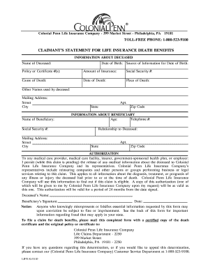 Claimant's Statement for Life Insurance Death Benefits