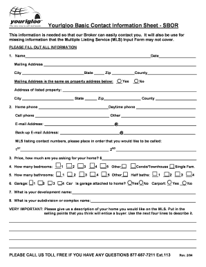 YourIgloo Basic Contact Information Sheet