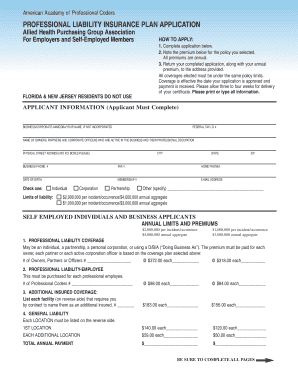 Professional Liability Insurance Plan Application