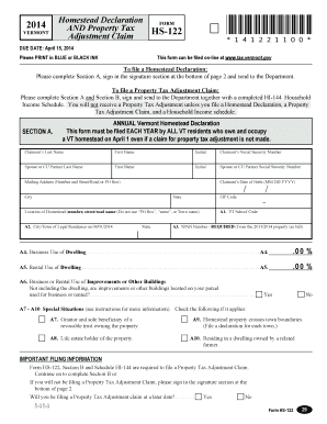 Vermont Homestead Declaration and Property Tax Adjustment Form HS-122