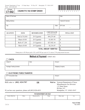 Vermont Cigarette Tax Stamp Order Form