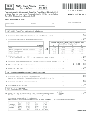 Vermont State Income Tax Addback Schedule IN-154