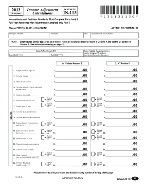 Vermont Income Adjustment Schedule IN-113