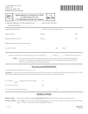 Vermont Individual Income Tax Return Extension Form
