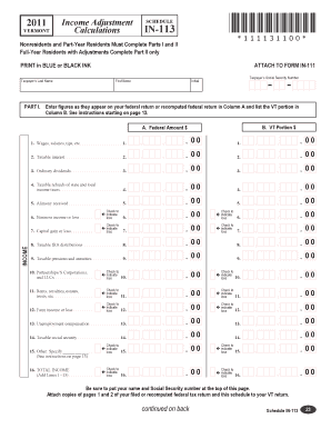 Vermont Income Adjustment Schedule IN-113