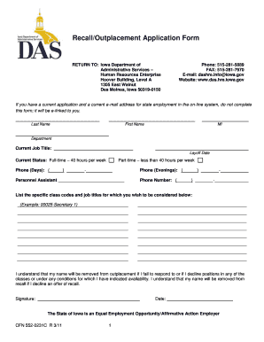 Iowa State Employment Recall/Outplacement Application Form