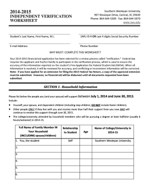 2014-2015 Financial Aid Verification Worksheet