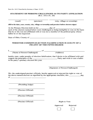 Ohio Statement of Persons Challenged as to Party Affiliation