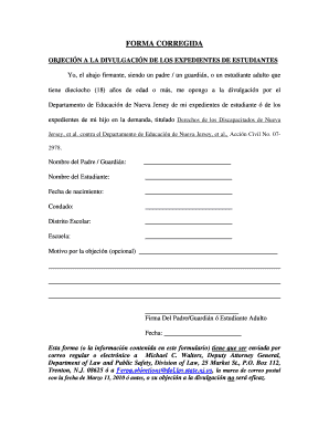Forma Corregida Objeción a la Divulgación de los Expedientes de Estudiantes