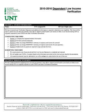 2015-2016 Dependent Low Income Verification Form
