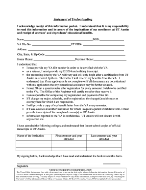 Statement of Understanding for Veterans' Benefits