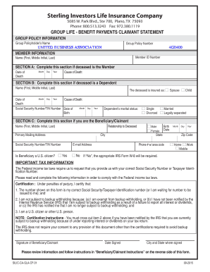 Group Life Benefit Payments Claimant Statement
