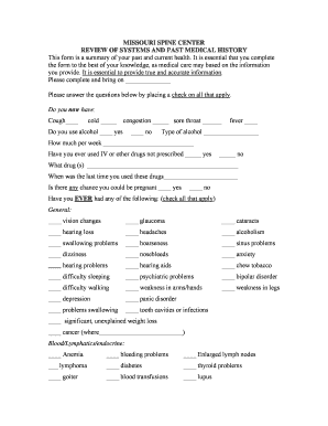 Missouri Spine Center Review of Systems and Past Medical History