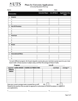 University Application Planning Form