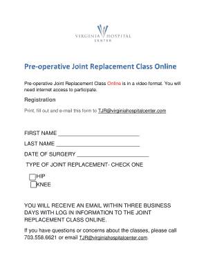 Pre-operative Joint Replacement Class Registration Form