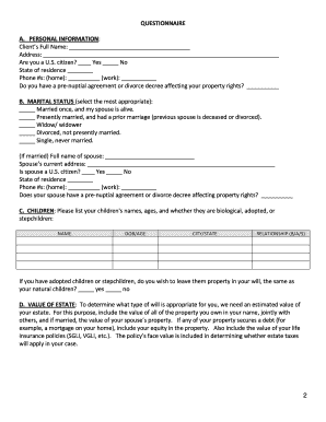 Fort Belvoir Estate Planning Questionnaire