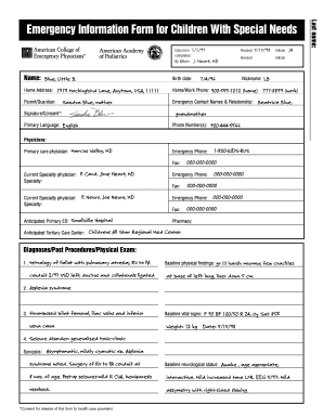 Emergency Information Form for Children With Special Needs