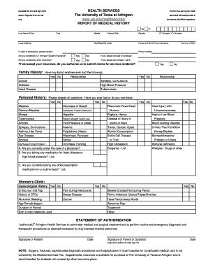 University of Texas Arlington Medical History Form