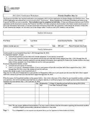 2013-2014 Verification Worksheet