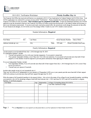 2012-2013 Verification Worksheet
