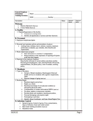 Fillable Online Instructor Employee Initials Initial Welcome A Facility ...