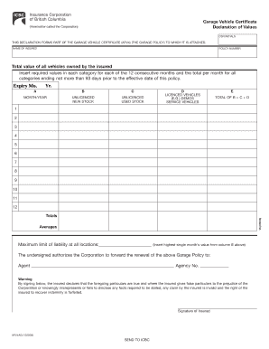 ICBC Garage Vehicle Certificate Declaration of Values
