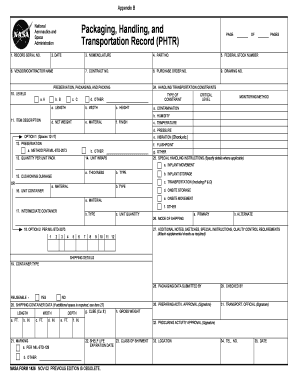 NASA Packaging Handling Transportation Record Form