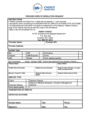 Provider Dispute Resolution Request