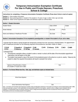 Temporary Immunization Exemption Certificate