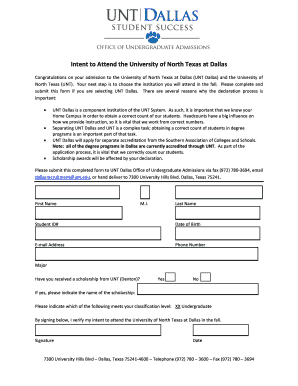 University of North Texas at Dallas Intent to Attend Form