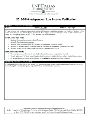 2015-2016 Independent Low Income Verification Form