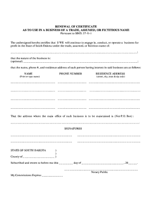 South Dakota Fictitious Name Renewal Certificate