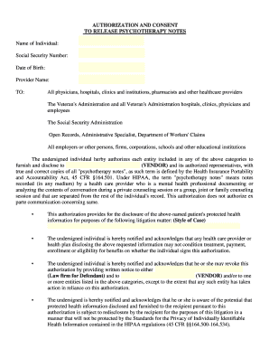 Authorization and Consent to Release Psychotherapy Notes