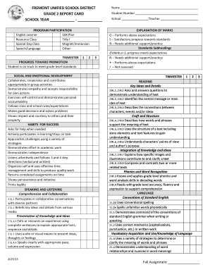 FREMONT UNIFIED SCHOOL DISTRICT GRADE REPORT CARD SCHOOL YEAR